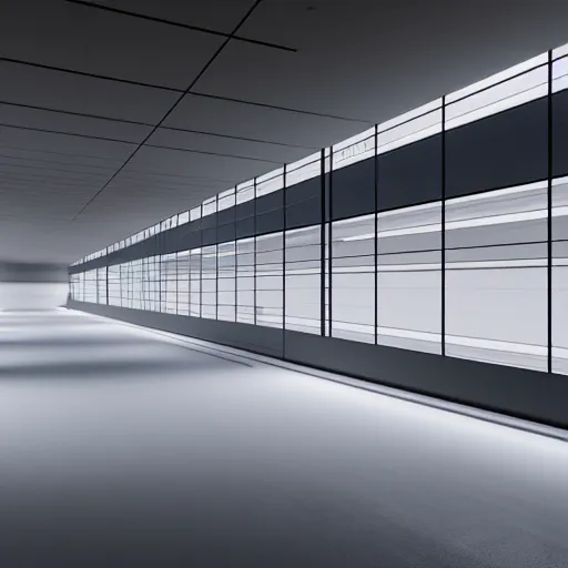 Prompt: a parking garage filled with lots of parking lights, a digital rendering by tadao ando, cg society, brutalism, vray tracing, vray, volumetric lighting