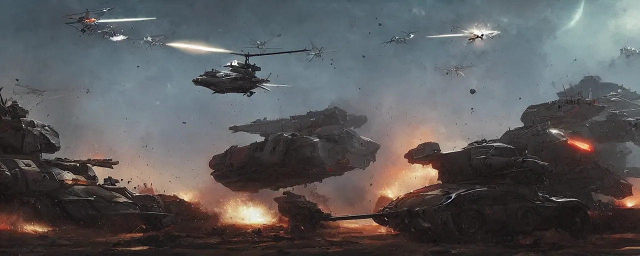 Image similar to a futuristic cyberpunk helicopter in war scene, tank combat in the battlefield, epic scene, by greg rutkowski