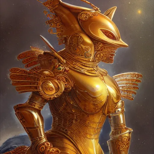 Prompt: a fat orange cat with a golden helmet wearing a silver armor with golden ornaments and diamonds jewelry, wings by alex gray and android jones, karol bak, ayami kojima, amano, concept art, character design, fantasy, 3 d, 8 k resolution