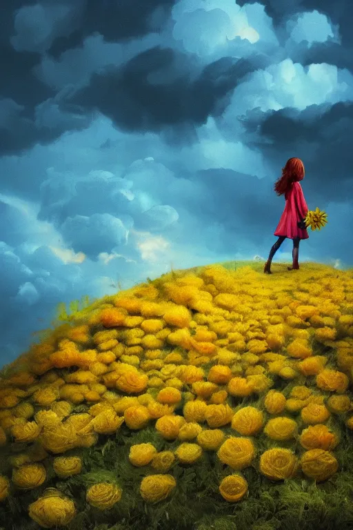 Image similar to closeup girl with giant yellow dahlia flower face, standing on mountain, surreal photography, blue storm clouds, dramatic light, impressionist painting, digital painting, artstation, simon stalenhag