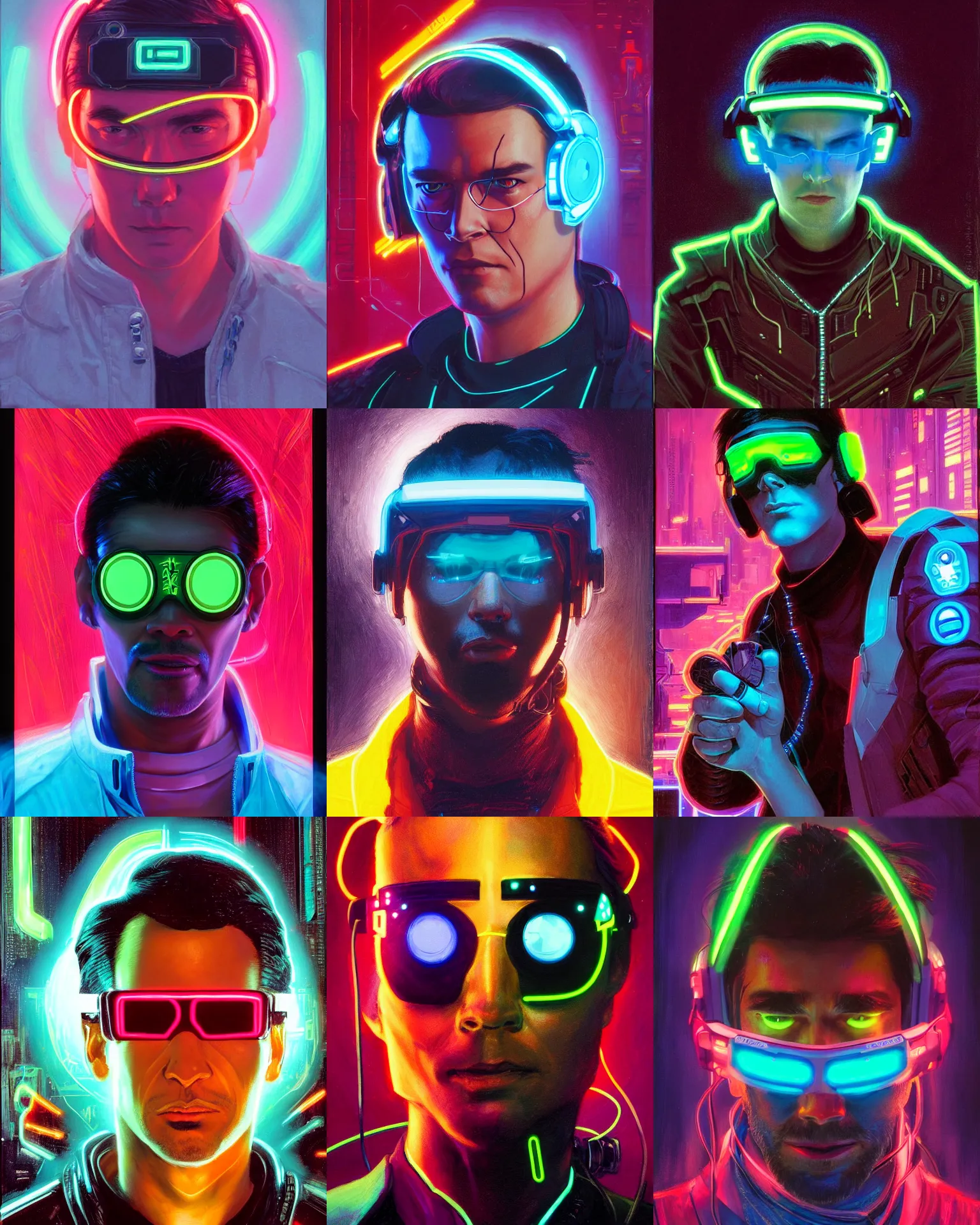 Prompt: neon cyberpunk hacker with glowing geordi visor and headset headshot portrait painting by kilian eng, donato giancola, john berkley, hayao miyazaki, j. c. leyendecker, mead schaeffer fashion photography