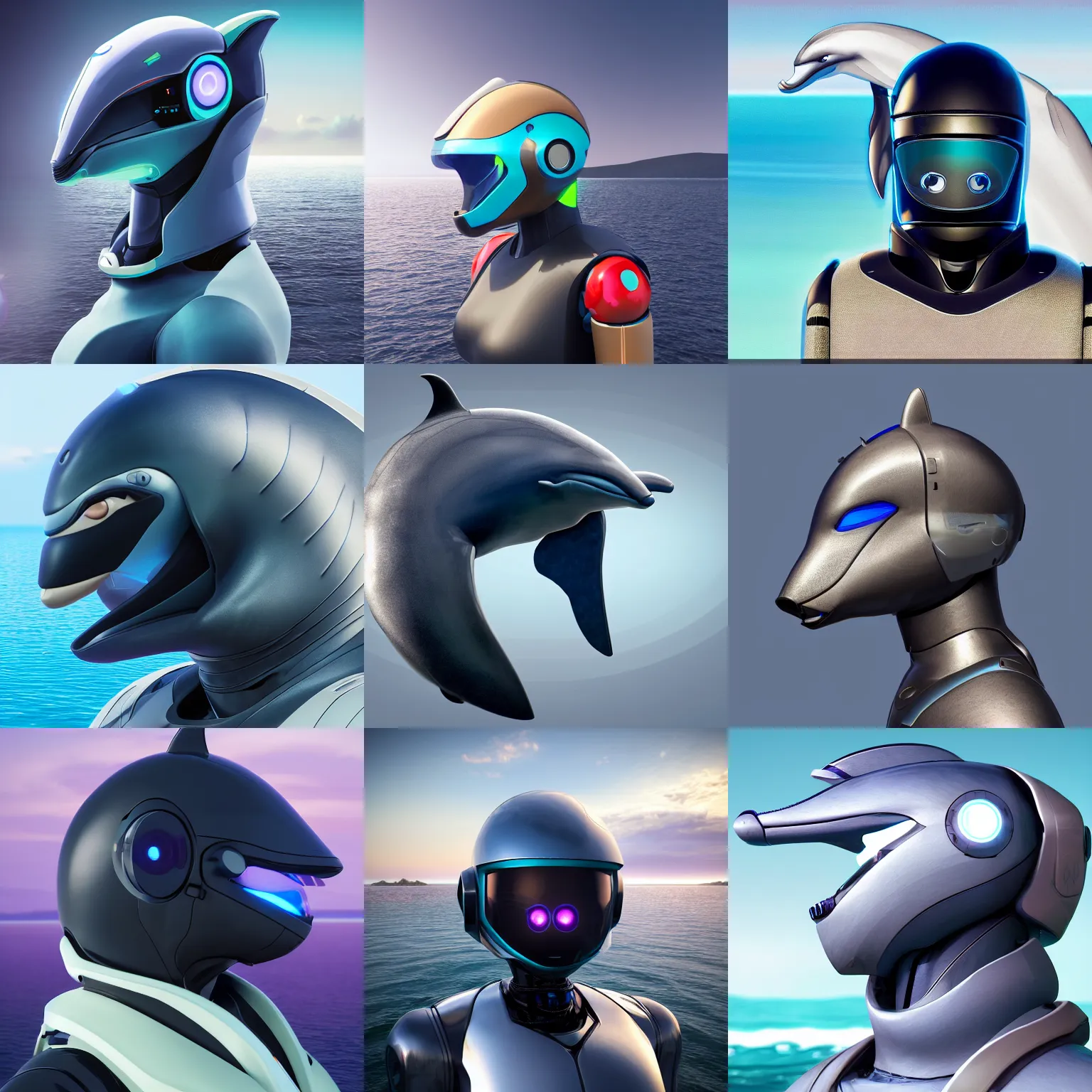 Prompt: bust profile picture of a robotic anthro dolphin, integrated synthetic cetacean hybrid android, dark opaque visor over top of face, short wide smooth bottlenose snout extending from under visor, male, commission on furaffinity, cgsociety, octane render, sea in background