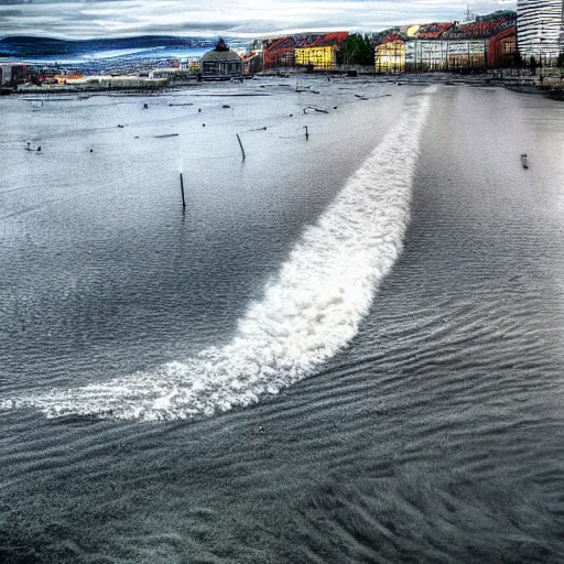 Image similar to Tsunami hits Oslo, Realistic, HDR, Clear Image, Historical Event,