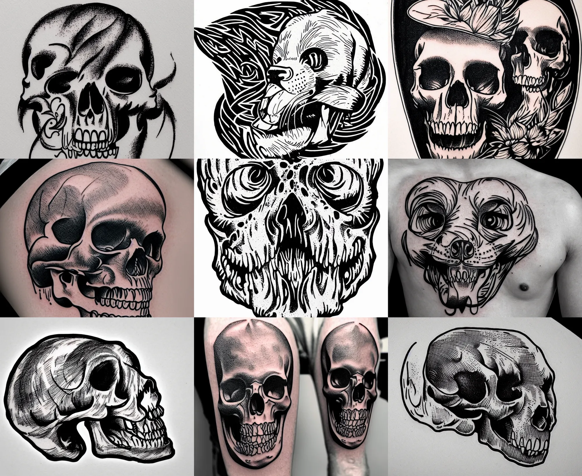 Prompt: detailed tattoo stencil bold lines, ferret inside a human skull
