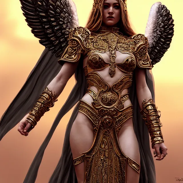 Prompt: beautiful angel warrior queen in ornate robes, highly detailed, 8 k, hdr, award - winning, trending on artstation, clayton crain