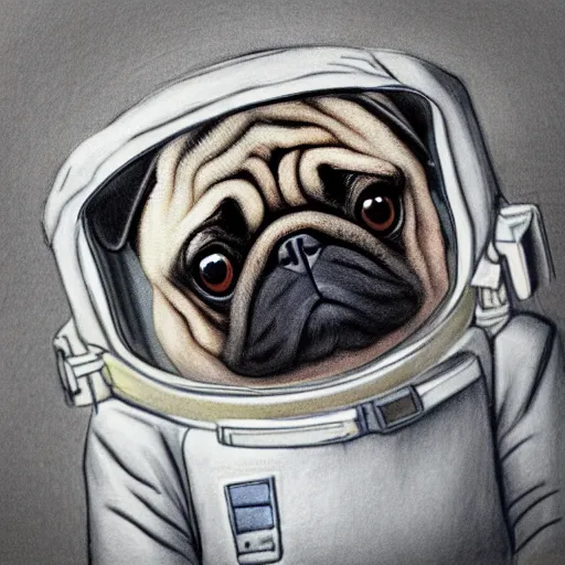 Image similar to gif, high - resolution, pencil art, colorized, extra - detailed, pug astronaut, opening door, in space that leads into the universe