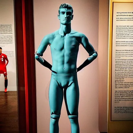 Image similar to “ a realistic detailed photo of a guy who is an attractive humanoid who is half robot and half humanoid, who is a male android, soccer player antoine griezmann, shiny skin, posing like a statue, blank stare, at the museum, on display ”