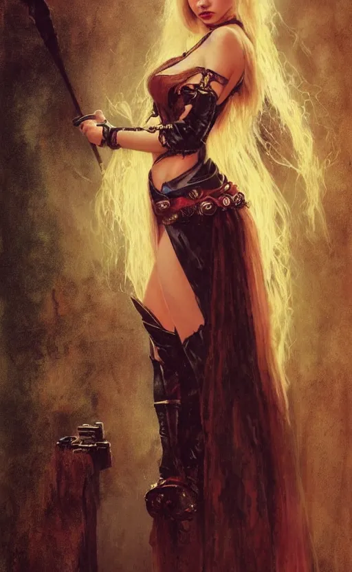 Image similar to full length portrait of a woman who is a mix of taylor swift and jordyn jones, sorcereress using dark seduction magic, d & d, medieval, fantasy, royo, klimt, miro, vallejo, frazetta, alphonse mucha, greg rutkowski, whealan