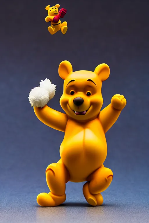 Image similar to still high quality figurine of buff winnie the pooh, tsurime eyes, tareme eyes, personification, dynamic pose, detailed product photo, featured on amiami, tone mapped, beautiful composition, 8 5 mm, f. 1 4