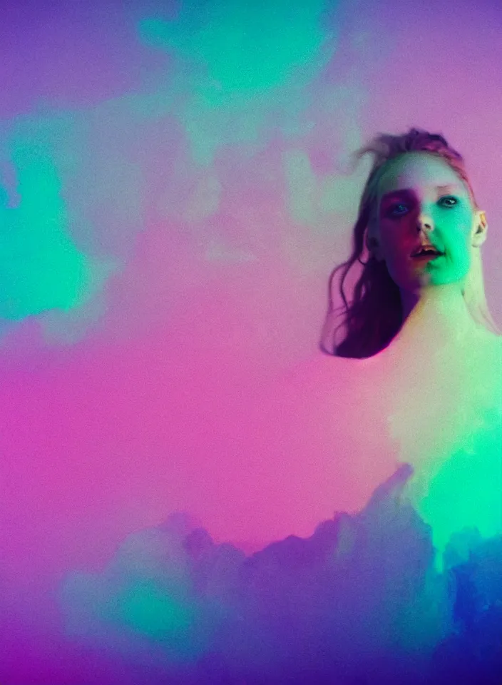 Prompt: high quality pastel coloured film close up photograph of a model in an icelandic black rock!! environment in a partially hazey dreamstate world. three point light, rainbow. photographic production. art directed. pastel colours. volumetric atmosphere. pastel gradient overlay. waves glitch artefacts. extreme facial silliness. 8 k. filmic.