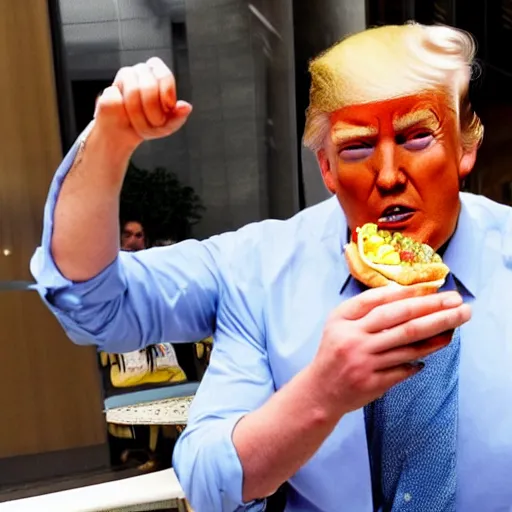 Image similar to donald trump eating a cheeseburger, paparazzi photo