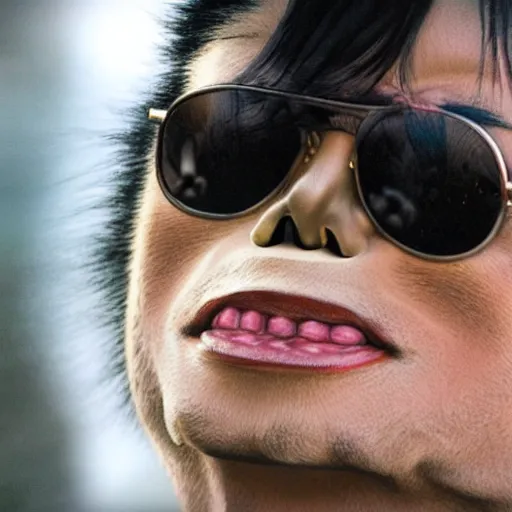 Prompt: michael jackson 2 0 0 9 wearing shades, this is it style, photo real, pores, motion blur, sitting with bubbles the chimp window open, real life, spotted, ultra realistic face, accurate, 4 k, movie still, uhd, sharp, detailed, cinematic, render, modern