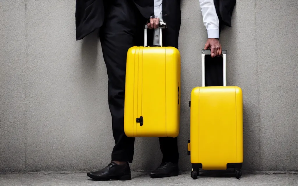 Image similar to a man standing in a doorway holding a yellow and black suitcase