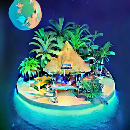 Image similar to a luminescent tropical cottage by paolo eleuteri serpieri and tomer hanuka and chesley bonestell and daniel merriam and tomokazu matsuyama, unreal engine, high resolution render, featured on artstation, octane, 8 k, highly intricate details, vivid colors, vector illustration