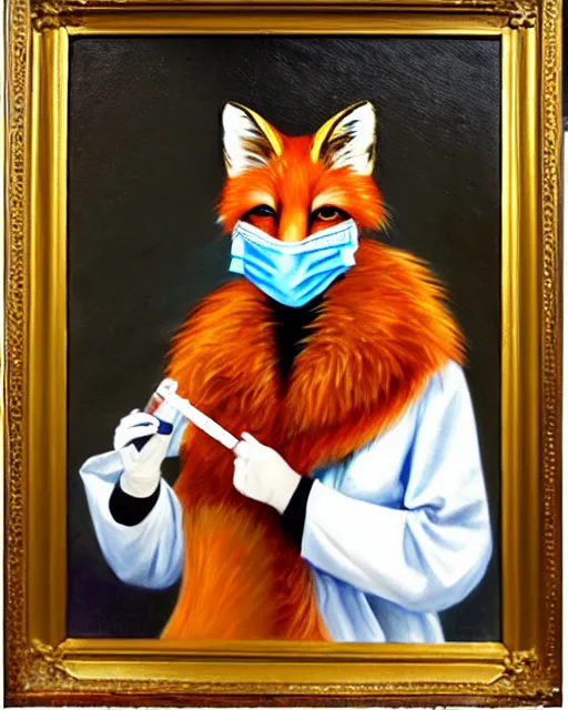 Image similar to oil painting portrait of anthropomorphic female fox animal dressed in doctor's coat, surgical mask covering mouth, holding syringe, fox animal, hospital in background, oil painting,