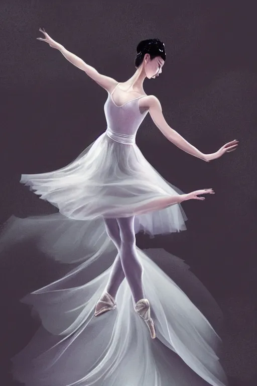 Image similar to prima ballerina dancing in the wind, asian beautiful face, ethereal, bride, beautiful wedding dress, gorgeous, volumetric lighting, elegant, fluid, very highly detailed, digital painting, concept art, illustration, limited color palette, atmosphere and tension, trending on artstation