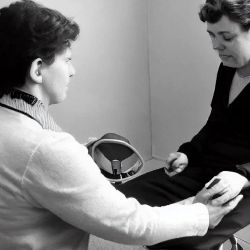 Image similar to a man sitting on a chair having his blood pressure measured by a nurse