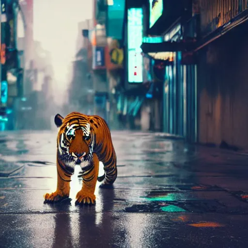 Image similar to a high quality low wide angle photo of a tiger on the streets of a cyberpunk city, rainy, reflective ground, neon lights, realism, 8k