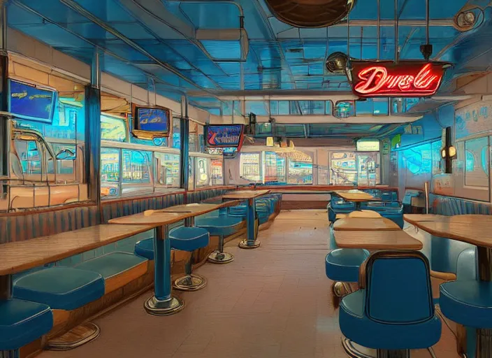 Image similar to interior of an american diner in arkansas, cyberpunk style, hyperrealistic and beautiful painting, 8 k resolution, by hugh ferris and john smith, polished, fine detail, intricate, blue color scheme, smooth, octane, concept art, trending on artstation