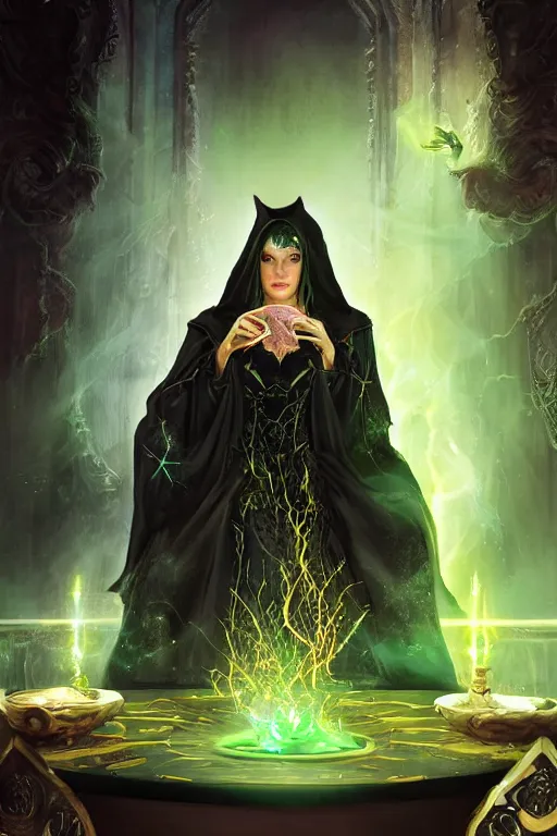 Image similar to a sorceress wearing a black robe with gold embroidery, sitting at table, casting a spell, green glows, painted by artgerm and tom bagshaw, in the style of magic the gathering, highly detailed digital art