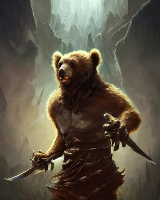 Image similar to Laughing Bear Musician, Warrior, magic the gathering artwork, D&D, fantasy, cinematic lighting, centered, symmetrical, highly detailed, digital painting, artstation, concept art, smooth, sharp focus, illustration, volumetric lighting, epic Composition, 8k, art by Akihiko Yoshida and Greg Rutkowski and Craig Mullins, oil painting, cgsociety