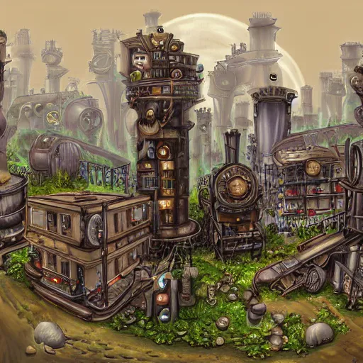 Prompt: steampunk fantasy city built into the side of a mountain, in three levels. the ground level is an industrial area with smokestacks and factories. the upper levels are residential. digital painting