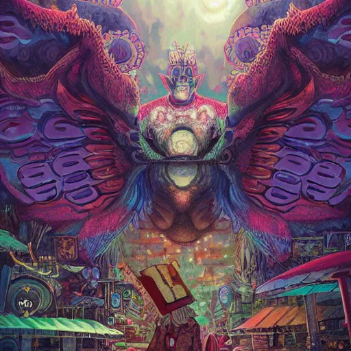 Image similar to 8K headshot Portrait of centered chest up of a psychedelic godlike mothman with giant mandala wings smoking a hand-rolled cigarette smoking heavily , magic mushroom village in background , post-processing , award winning. superb resolution. in the art style of Satoshi Kon and Greg Rutkowski . Detailed Mushroom city in background. Hyper realistic anime. Perfect art. Dalle2