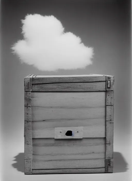 Image similar to realistic photo of cloud in a wooden box, front view, grain 1 9 9 0, life magazine reportage photo, metropolitan museum photo