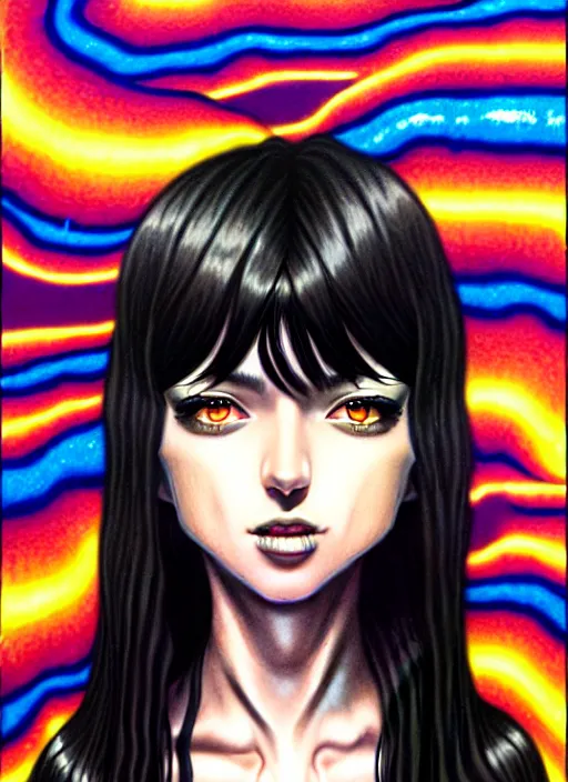 Image similar to richly detailed colored pencil 3D illustration of a beautiful woman with silky straight black hair with iridescence wearing a Nirvana band Tshirt and short black shorts, she staring at the camera happily while being surrounded by slimy tentacles, art by Range Murata and Artgerm.