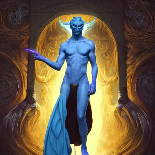 Image similar to half length portrait of a medieval fantasy sorcerer, a male anthropomorphic nerdy blue dragon with electrcity magic, fantasy, d & d, high details, art by ( ( ( kuvshinov ilya ) ) ) and wayne barlowe and gustav klimt and artgerm and wlop and william - adolphe bouguereau