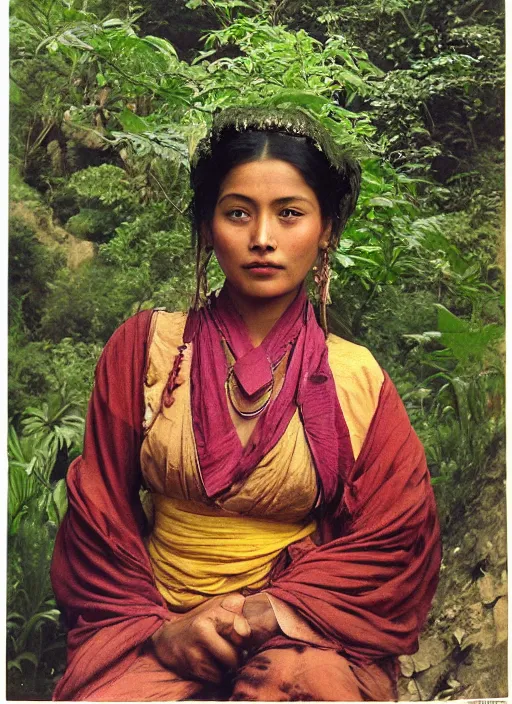 Image similar to vintage portrait photo of a beautiful beautifully lit nepalese Victorian woman in a lush valley with a tibetan monastery on a rock in the background by alphonse mucha and annie leibovitz