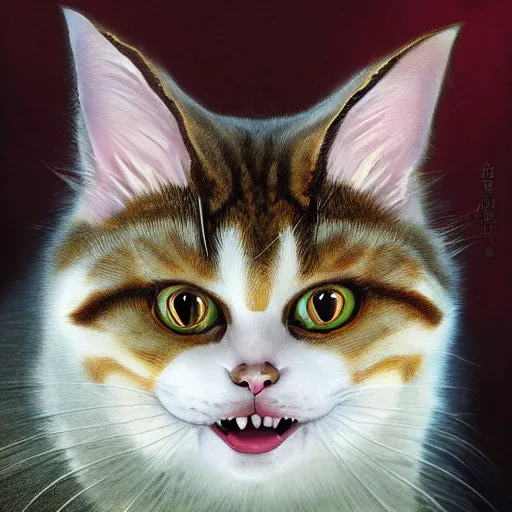 Image similar to ginger vampire cat in the museum, cuddly fur, highly detailed, sharp focus, digital painting, artwork by Victor Adame Minguez + Yuumei + Tom Lovell + Sandro Botticelli