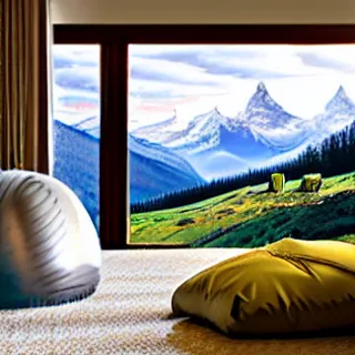 Image similar to fantastical living room with switzerland landscape in the window