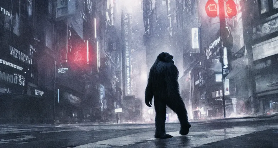 Prompt: gorilla wearing a white jacket walking down a blade runner street looking suspicious, in the andromeda galaxie by ash thorp
