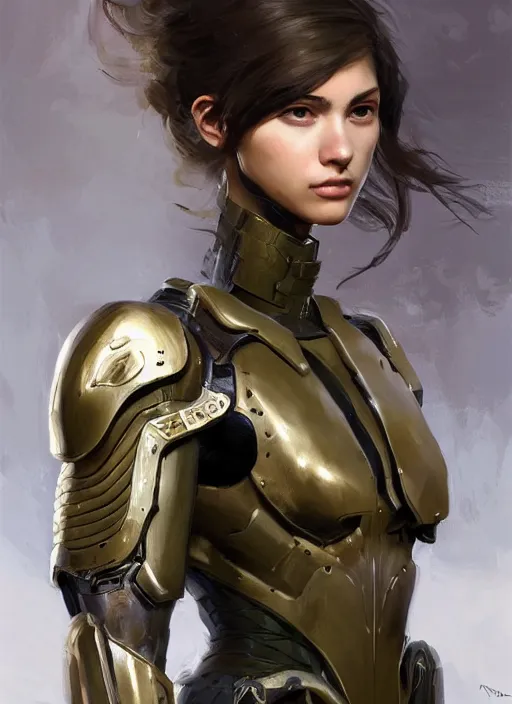 Image similar to a professional painting of a beautiful young female, clothed in military armor, olive skin, long dark hair, beautiful bone structure, symmetrical facial features, intricate, elegant, digital painting, concept art, smooth, sharp focus, illustration, from Metal Gear, by Ruan Jia and Mandy Jurgens and Artgerm and William-Adolphe Bouguerea