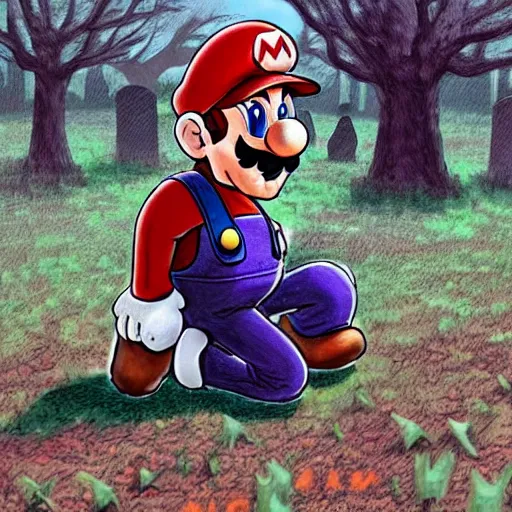 Prompt: Digital art of an aged Mario kneeling in a graveyard. The headstone in front of him says YOSHI. The trees in the graveyard are bare. The art evokes a sensation of loss and nostalgia.
