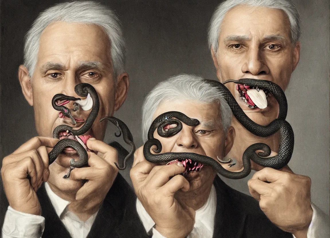 Image similar to Highly detailed portrait of a man with gray hair, a black eye patch, and a snake in his mouth