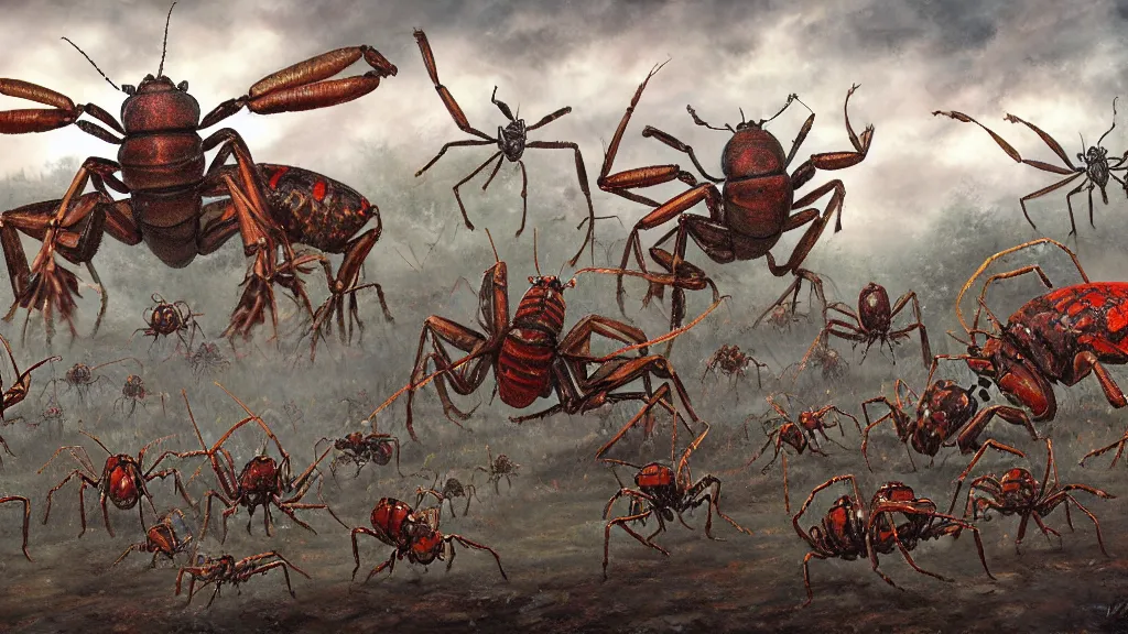 Prompt: cinematic painting of an army of giant bugs