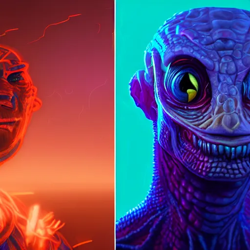 Image similar to close up portrait of a young alien lizard human as a wizard man, pixar style, stylized face, intricate detail, digital painting, glowing orange eyes, neon colors, vaporwave, particles floating, background by wlop, artwork by ross tran and ramond swanland and liam wong and mike winklemann, trending on artstation