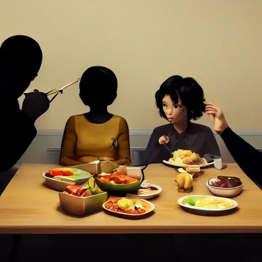 Image similar to stunning, coherent, impressive, detailed still of black a family eating dinner, follow shot, 3d, in the style of pixar, comic book style, 3d, highly detailed, sharp focus, bokeh, depth of field, 16k resolution, Unreal Engine 5, coherent, cinematic lighting, photorealistic, by Zhang Jingna