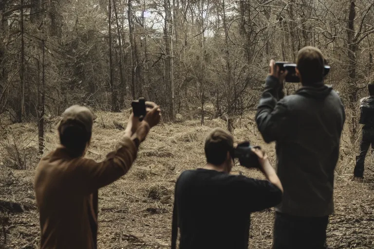 Image similar to photo of people taking pictures of an scp creature, eerie atmosphere, fear, mystery, dramatic, 8 k uhd