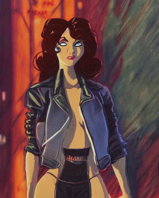 Image similar to young female protagonist in leather jacket, city street, artwork by ralph bakshi