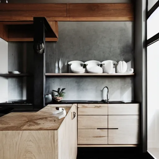 Image similar to kitchen, stone, interior design, stylish luxury hotel kitchen design, yakisugi, black vertical slatted timber, textures, feminine, black walls, art, Japanese pottery vase with flowers, kakejiku, seasonal, Japanese influences