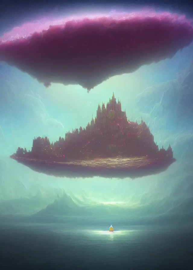 Image similar to an ultra detailed midjourney concept digital art painting of a singular floating island with a castle, flying citadel levitating across space in a misty pearlescent nebula by paul lehr kazumasa uchio situated in a starry expanse of bioluminescent cosmic worlds by beksinski and beeple, ecological art, flying citadel with towers, trending on artstation