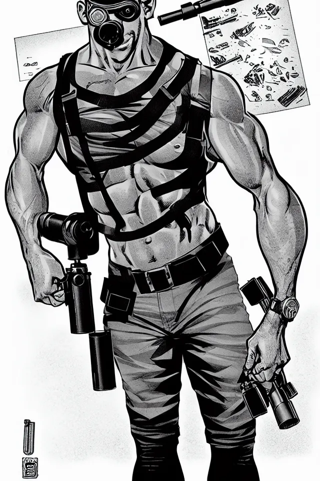 Image similar to muscular man, black vest with no shirt underneath, goggles around his neck, cargo pants, ammo belt, holding a blaster, long black hair in a ponytail, five o' clock shadow, comic book art, full body shot