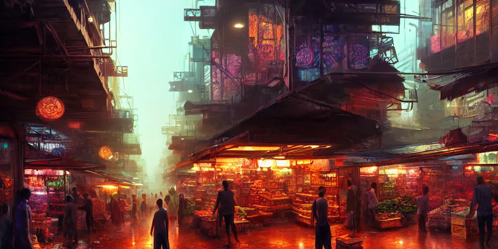 Prompt: an intricate concept art illustration of a market slums inside a megastructure city neon light district,sci-fi, cinematic lighting, hyper realistic, art by dylan cole, detailed matte painting, digital art, sci-fi film color palette, volumetric lighting