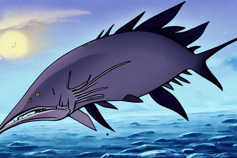 Image similar to cell shaded cartoon of a giant mechanized grey sailfish from howl's moving castle ( 2 0 0 4 ), in an icy river, full body, wide shot, very muted colors, post grunge, studio ghibli, highly detailed, deviantart, art by artgem