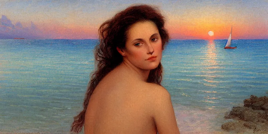 Image similar to portrait of French female model Myrtille Revemont on the beach in Moorea, ((on a breezy afternoon)), at the sunset, very detailed, smooth, art by William Buguereau