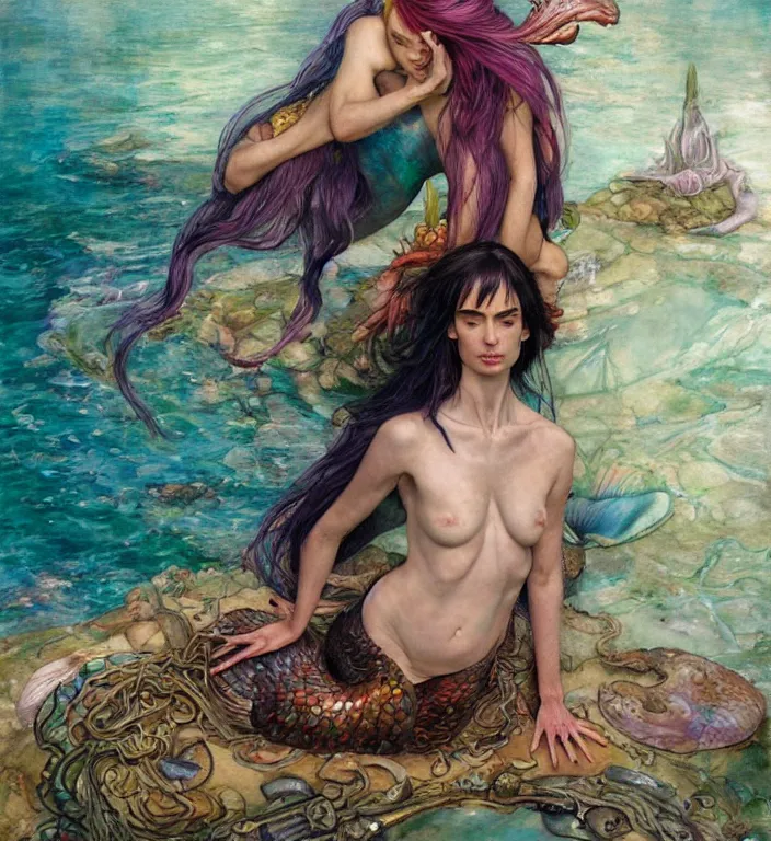 Image similar to a portrait photograph of a meditating fierce krysten ritter as a colorful mermaid super hero with scaled skin. she has many skin grafts and cyborg body modifications. by donato giancola, hans holbein, walton ford, gaston bussiere, peter mohrbacher and brian froud. 8 k, cgsociety