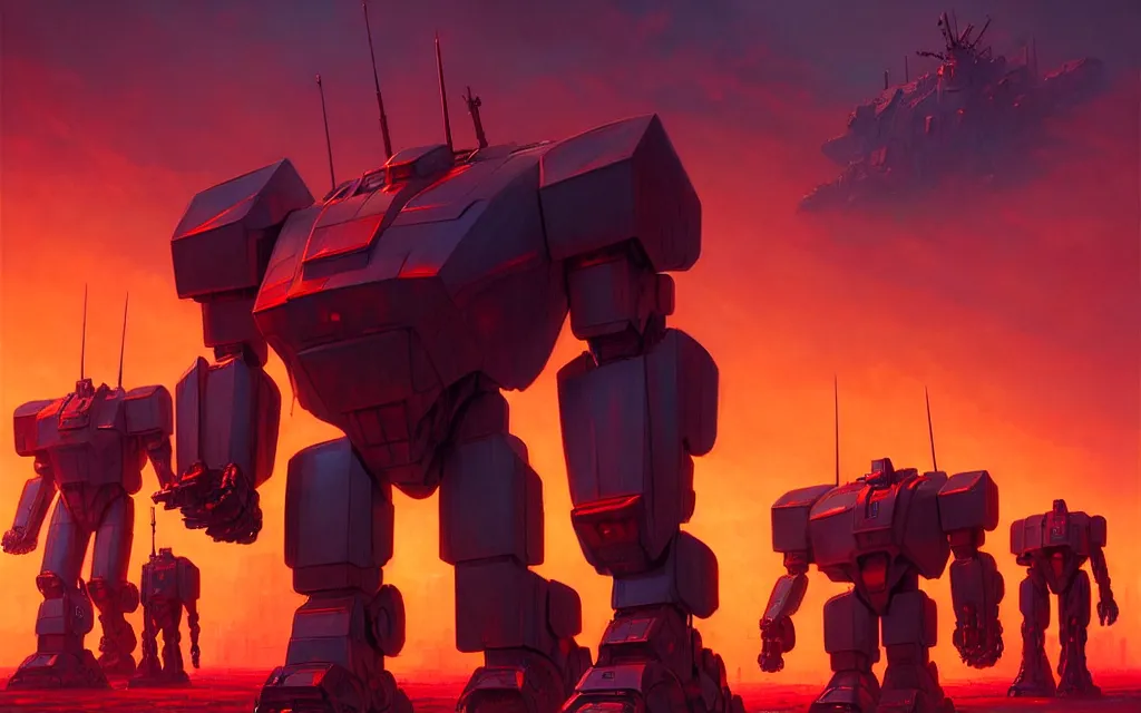 Prompt: a cinematic scene of marching red colossal mechs going to war by moebius and stephan martiniere and dan mumford, trending on artstation, digital art, 4 k resolution, detailed, high quality, sharp focus, hq artwork, insane detail, cinematic, volumetric lighting, dramatic lighting, epic light, cinematic aesthetic